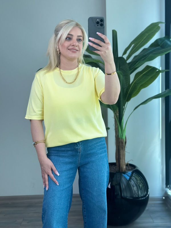 Basic Yaka Kısa Kollu Triko Sarı-23MeUST00102