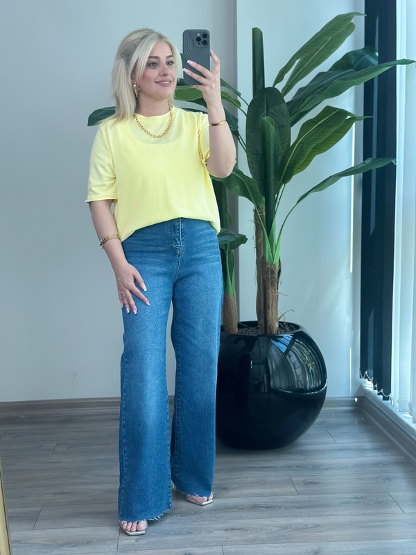 Basic Yaka Kısa Kollu Triko Sarı-23MeUST00102