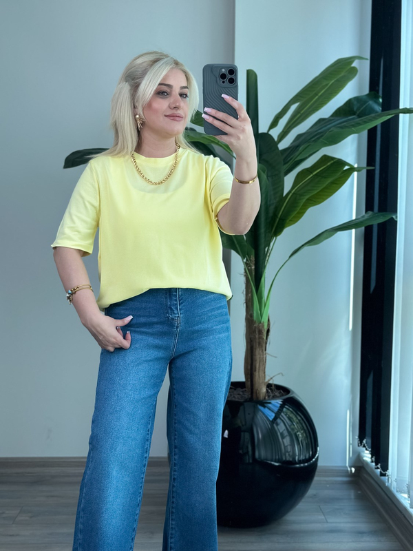 Basic Yaka Kısa Kollu Triko Sarı-23MeUST00102