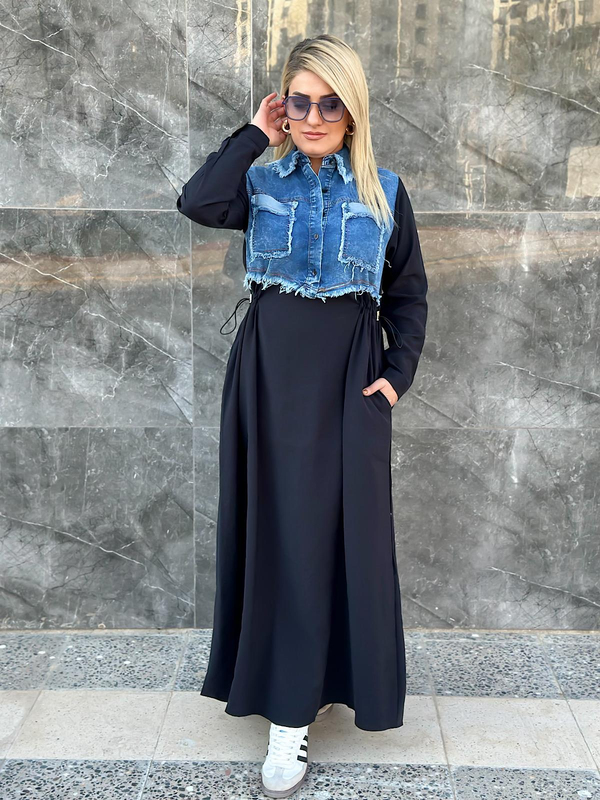 Bel Büzgülü Denim Detaylı Elbise SİYAH-23KELB000012