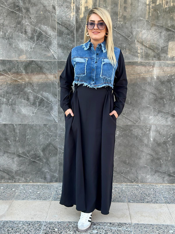 Bel Büzgülü Denim Detaylı Elbise SİYAH-23KELB000012