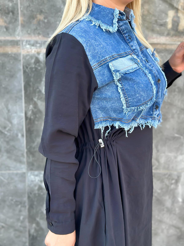 Bel Büzgülü Denim Detaylı Elbise SİYAH-23KELB000012