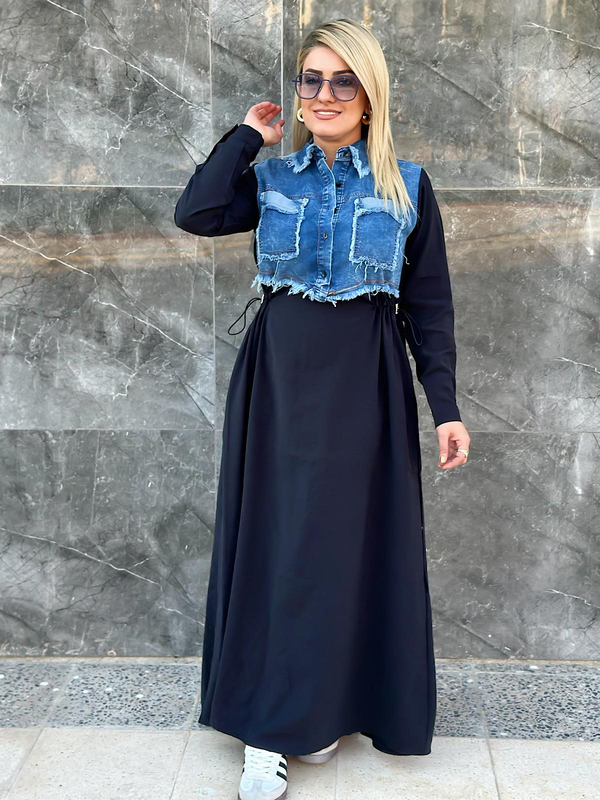 Bel Büzgülü Denim Detaylı Elbise SİYAH-23KELB000012