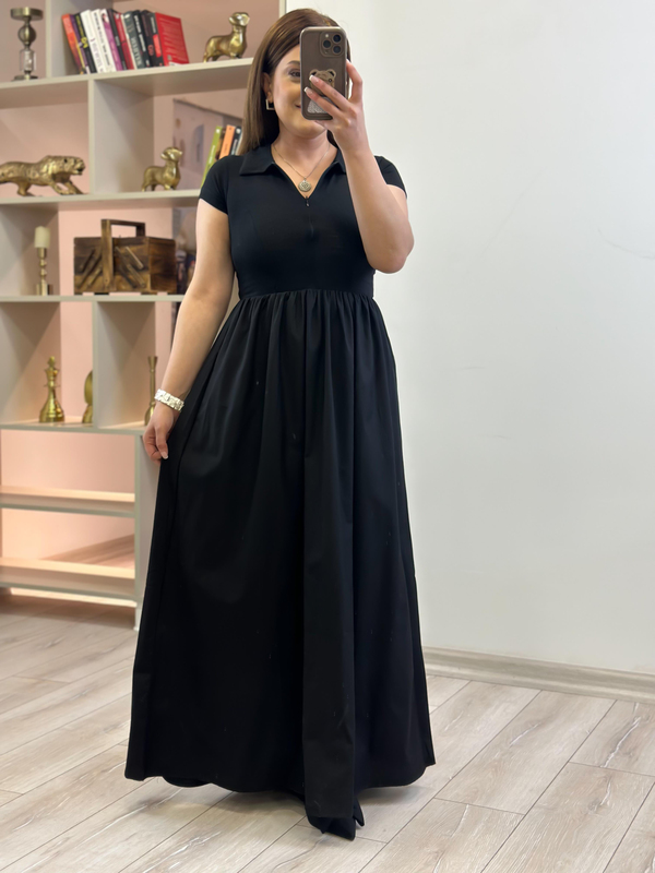 Belden Oturtmalı Yarım Fermuar  Elbise SİYAH-23YELB000153