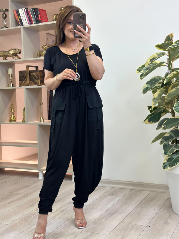 Beli Büzgülü Cep Detaylı Sandy Kumaş Tulum SİYAH-23YALT000066