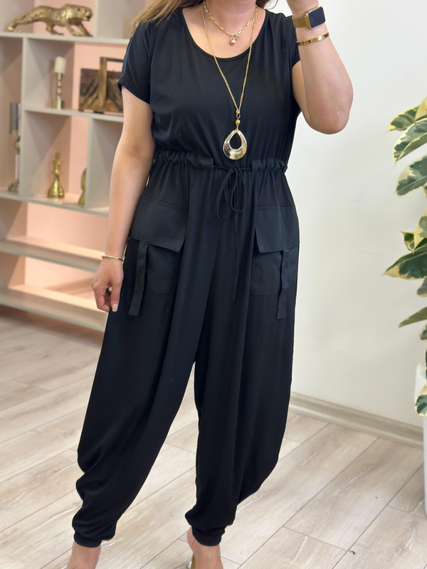 Beli Büzgülü Cep Detaylı Sandy Kumaş Tulum SİYAH-23YALT000066