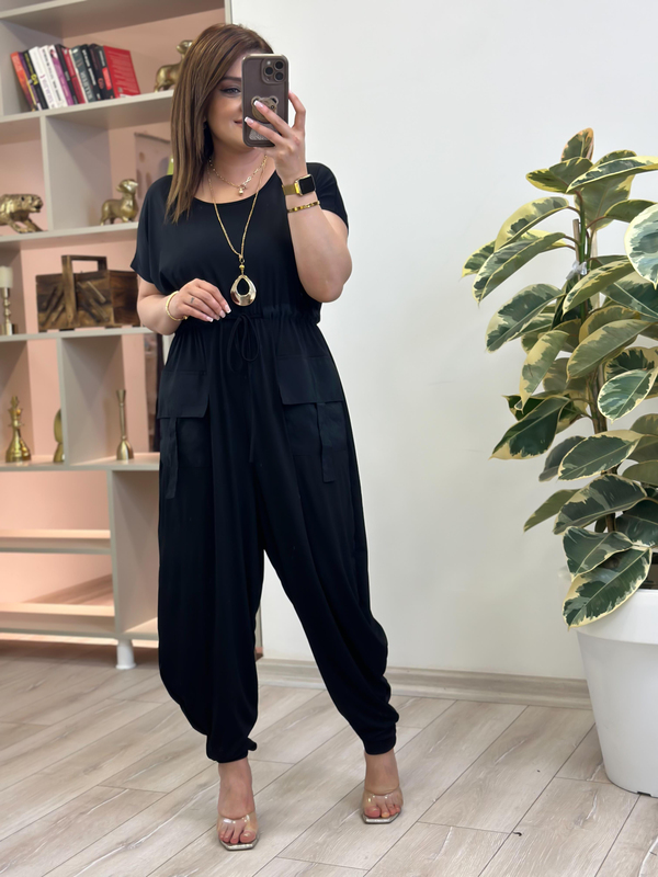 Beli Büzgülü Cep Detaylı Sandy Kumaş Tulum SİYAH-23YALT000066