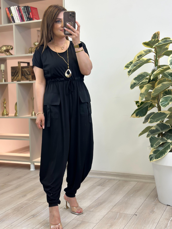Beli Büzgülü Cep Detaylı Sandy Kumaş Tulum SİYAH-23YALT000066