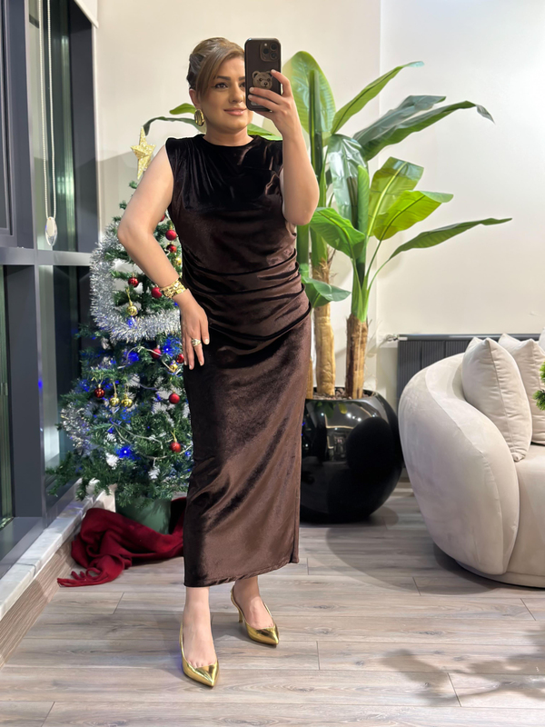 Beli Drapeli Maxi Kadife Elbise KAHVE-23KELB000020