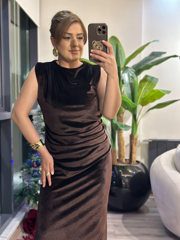 Beli Drapeli Maxi Kadife Elbise KAHVE-23KELB000020