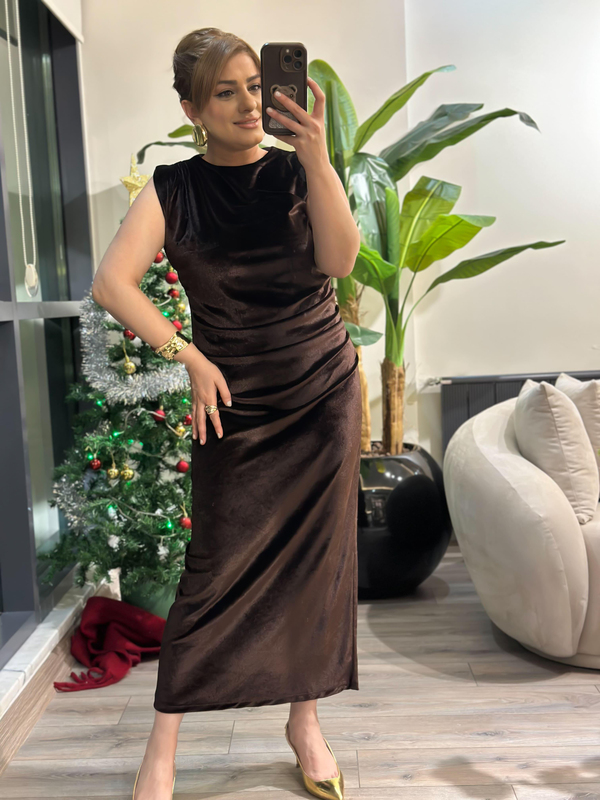 Beli Drapeli Maxi Kadife Elbise KAHVE-23KELB000020