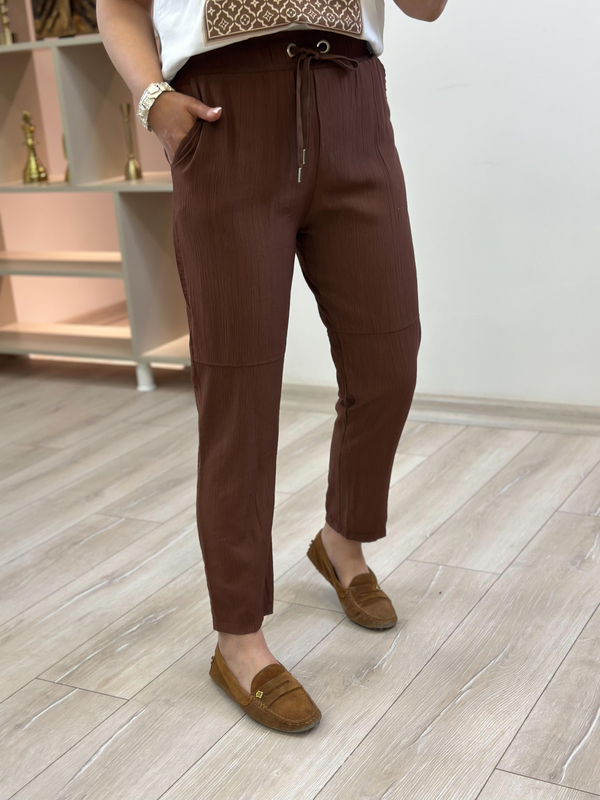 Beli Lastikli Keten Pantolon KAHVE-23YALT000061