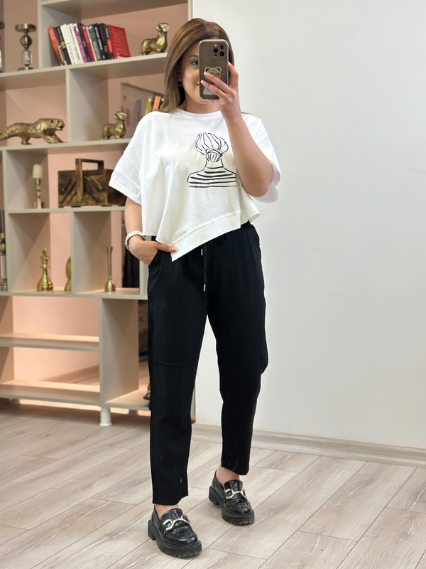 Beli Lastikli Keten Pantolon SİYAH-23YALT000061