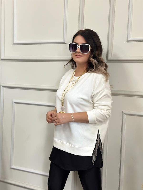 Beyaz Siyah Altı Penye Zincir Detaylı Sweatshirt BEYAZ-23KUST000008