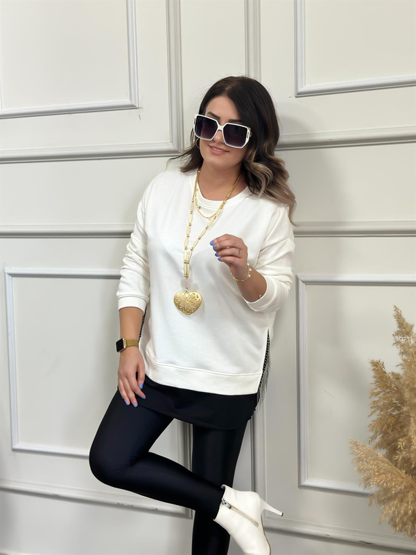 Beyaz Siyah Altı Penye Zincir Detaylı Sweatshirt BEYAZ-23KUST000008