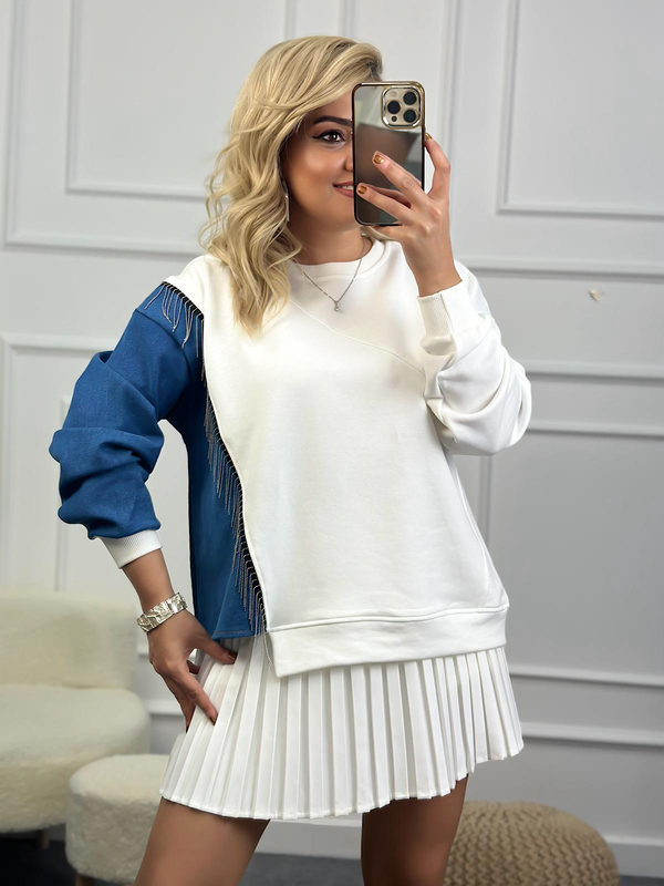 Bisiklet Yaka Kollu  Jean Detaylı Zincirli Sweatshirt BEYAZ-23MeUST00090