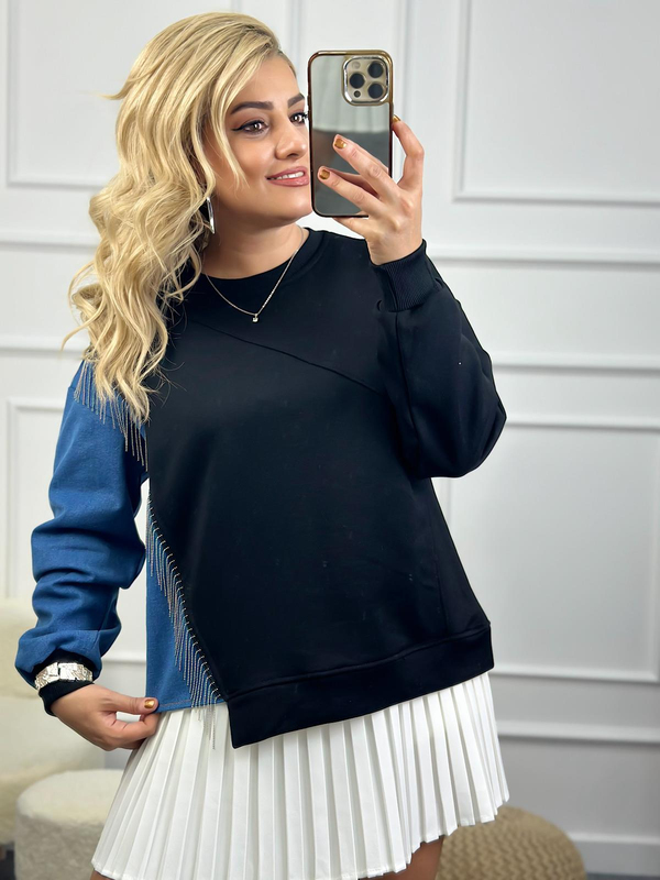 Bisiklet Yaka Kollu  Jean Detaylı Zincirli Sweatshirt SİYAH-23MeUST00090