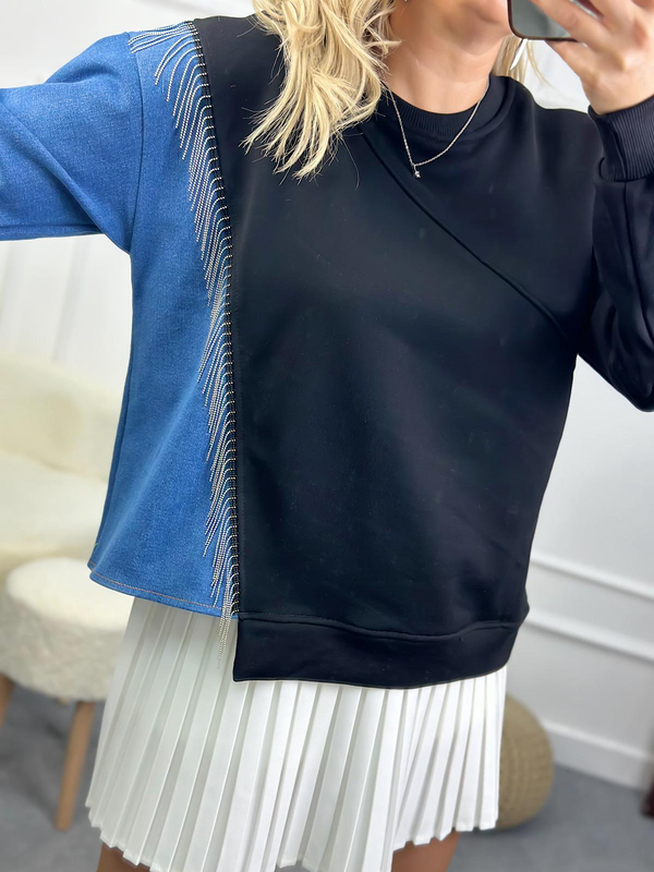 Bisiklet Yaka Kollu  Jean Detaylı Zincirli Sweatshirt SİYAH-23MeUST00090