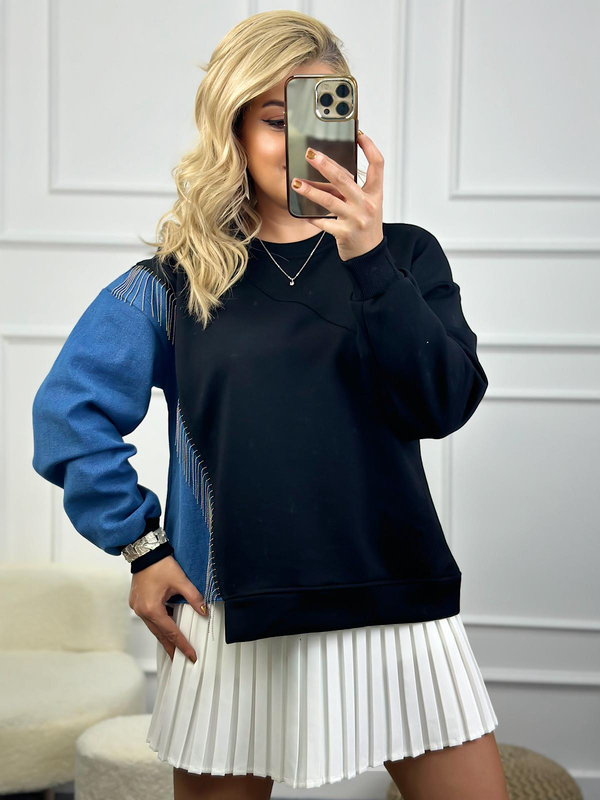 Bisiklet Yaka Kollu  Jean Detaylı Zincirli Sweatshirt SİYAH-23MeUST00090