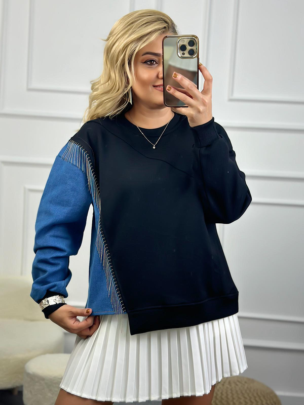Bisiklet Yaka Kollu  Jean Detaylı Zincirli Sweatshirt SİYAH-23MeUST00090