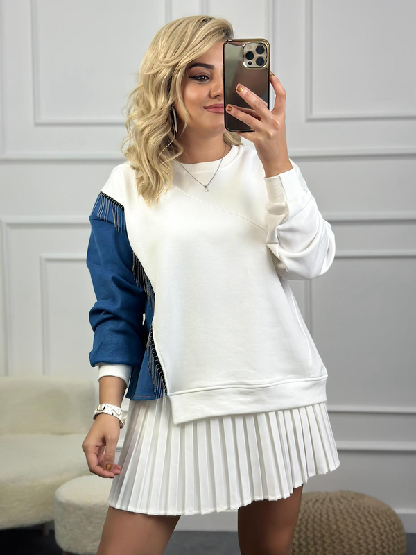 Bisiklet Yaka Kollu  Jean Detaylı Zincirli Sweatshirt BEYAZ-23MeUST00090