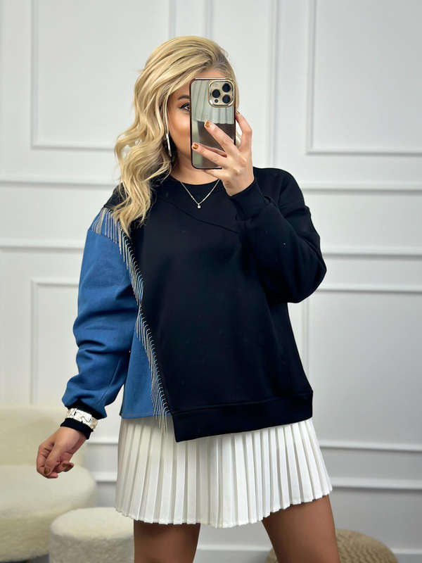 Bisiklet Yaka Kollu  Jean Detaylı Zincirli Sweatshirt SİYAH-23MeUST00090