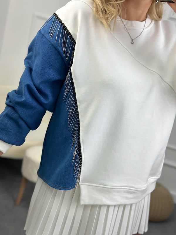 Bisiklet Yaka Kollu  Jean Detaylı Zincirli Sweatshirt BEYAZ-23MeUST00090