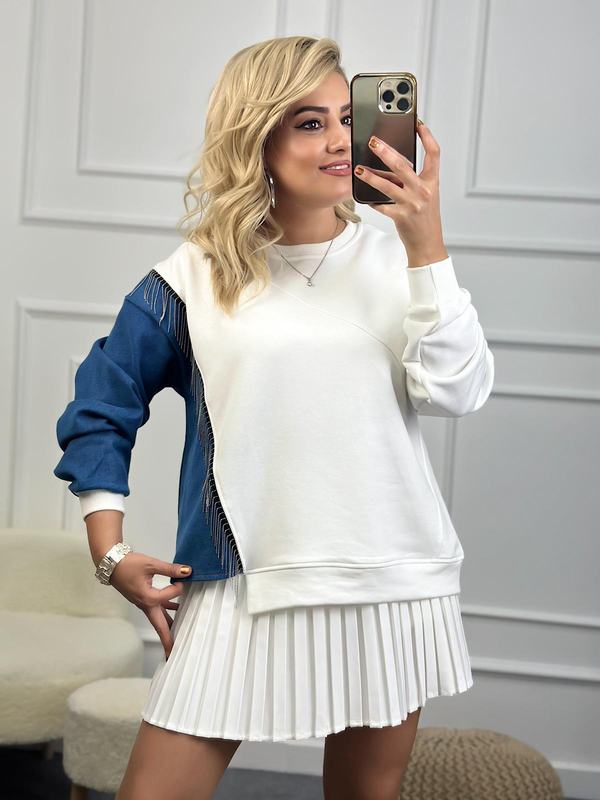 Bisiklet Yaka Kollu  Jean Detaylı Zincirli Sweatshirt BEYAZ-23MeUST00090