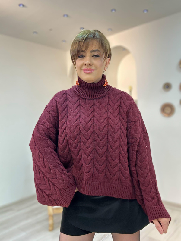 Boğazlı Örgü Yarasa Kol Kazak BORDO-23KUST000132