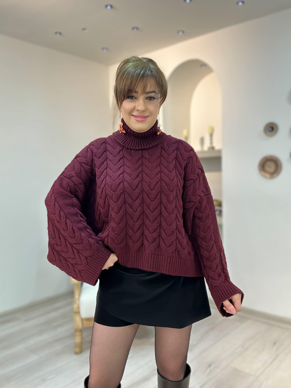 Boğazlı Örgü Yarasa Kol Kazak BORDO-23KUST000132