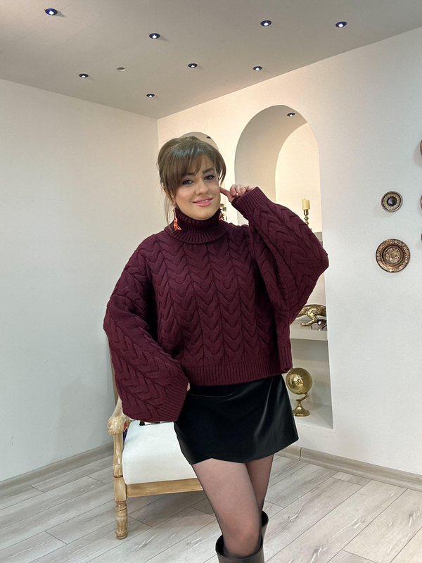 Boğazlı Örgü Yarasa Kol Kazak BORDO-23KUST000132