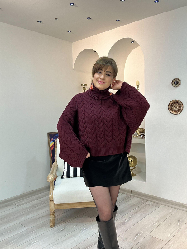 Boğazlı Örgü Yarasa Kol Kazak BORDO-23KUST000132