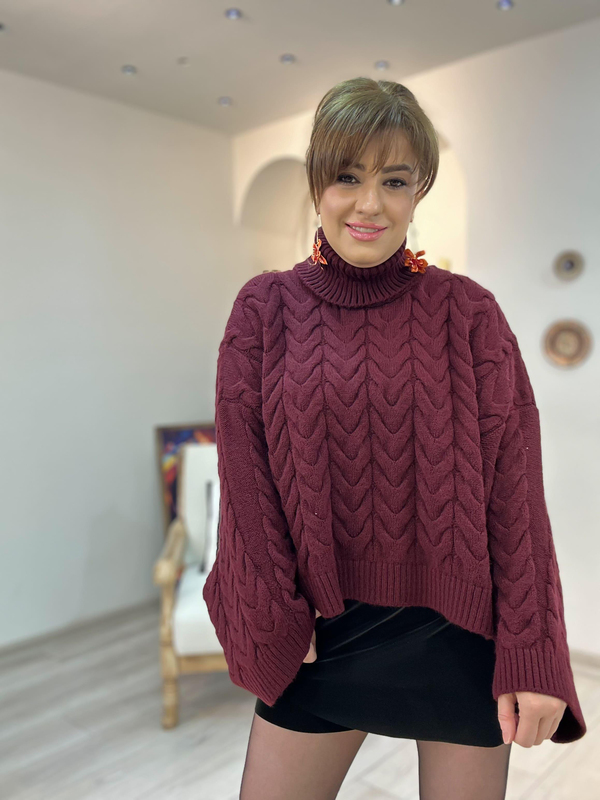 Boğazlı Örgü Yarasa Kol Kazak BORDO-23KUST000132
