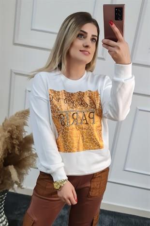 Bronz Baskılı Sweatshırt BEYAZ-23KUST000005