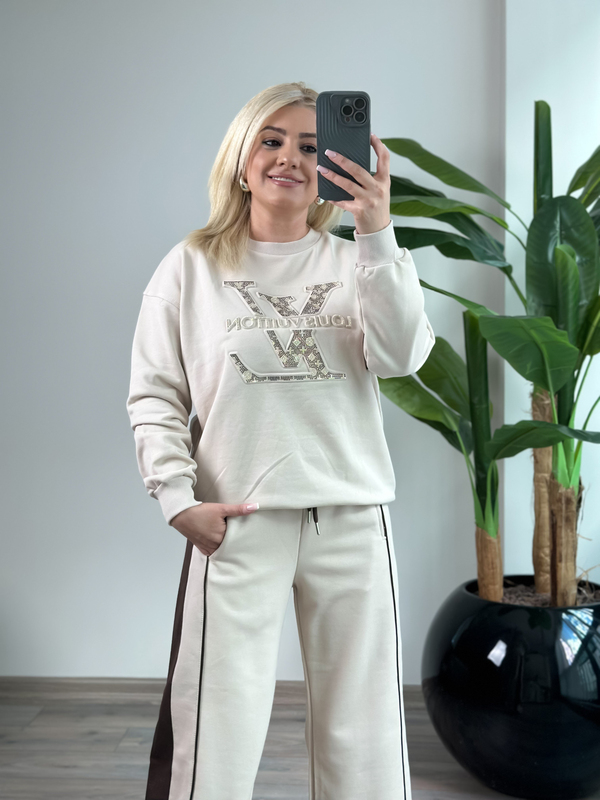 Büyük Taşlı Amblem Baskılı Sweatshirt BEJ-23KUST000147