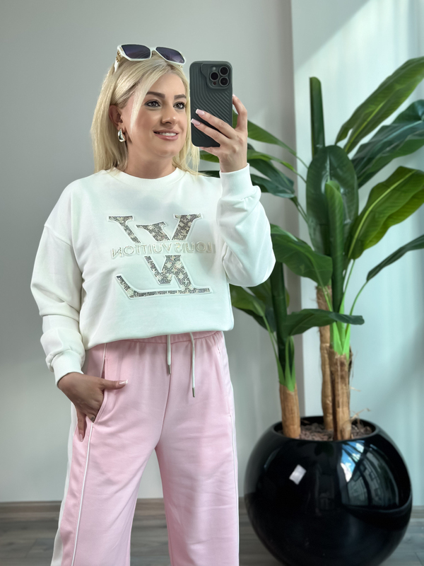 Büyük Taşlı Amblem Baskılı Sweatshirt BEYAZ-23KUST000147