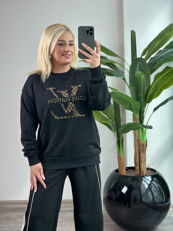 Büyük Taşlı Amblem Baskılı Sweatshirt SİYAH-23KUST000147