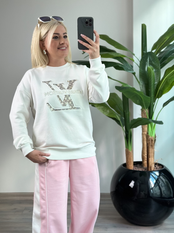 Büyük Taşlı Amblem Baskılı Sweatshirt BEYAZ-23KUST000147