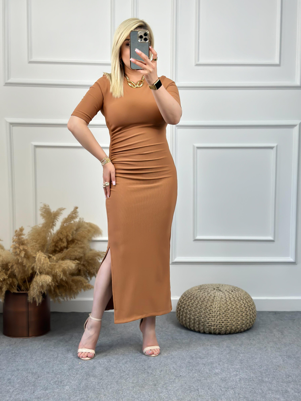 Büzgülü Kaş Korse Yırtmaçlı Elbise-23YELB000043