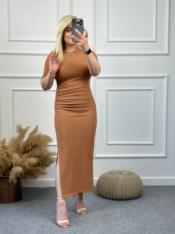 Büzgülü Kaş Korse Yırtmaçlı Elbise-23YELB000043