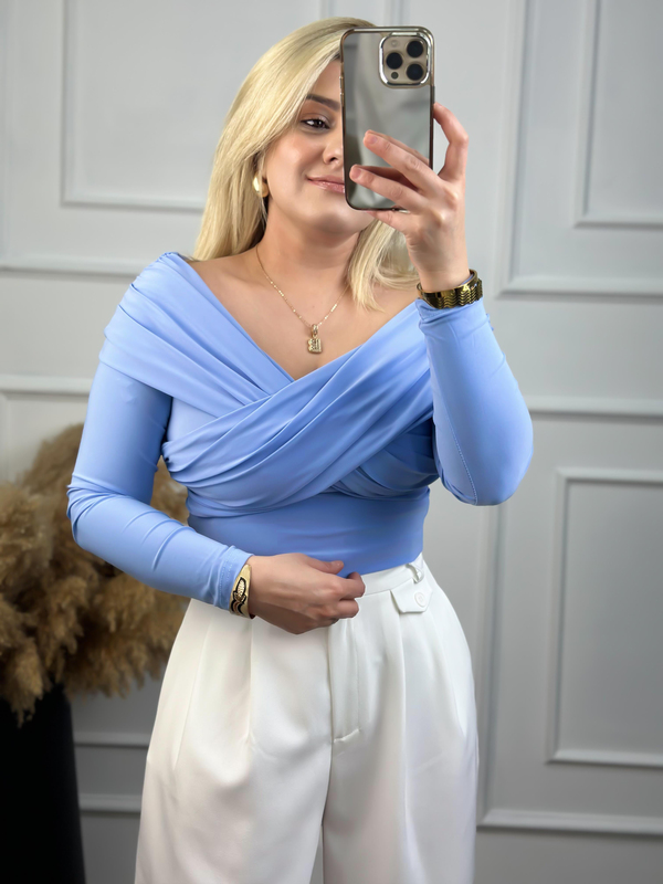 Çapraz Madonna Yaka Bluz BEBE MAVİ-23YUST000038