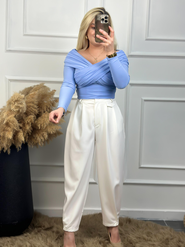 Çapraz Madonna Yaka Bluz BEBE MAVİ-23YUST000038