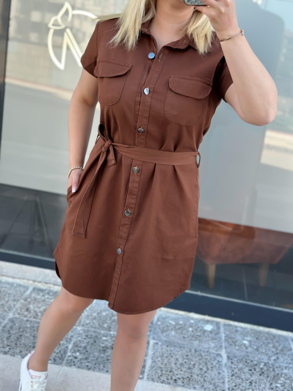 Cepli Kuşaklı Gabardin ELbise ACI KAHVE-23YELB000041