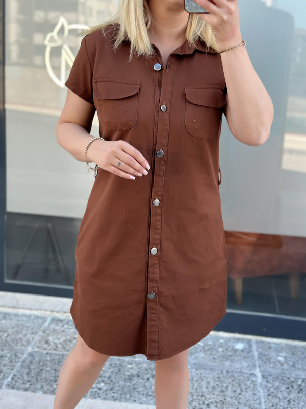 Cepli Kuşaklı Gabardin ELbise ACI KAHVE-23YELB000041