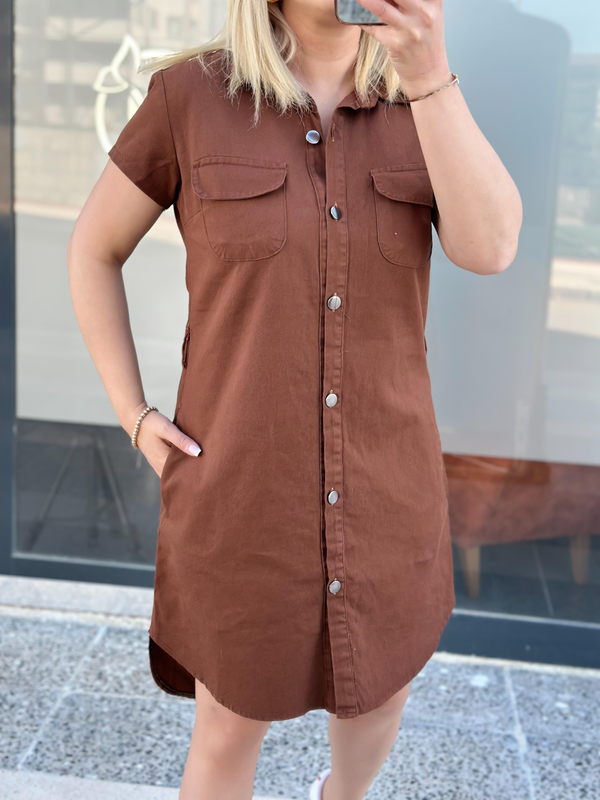 Cepli Kuşaklı Gabardin ELbise ACI KAHVE-23YELB000041