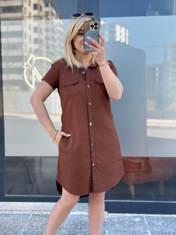 Cepli Kuşaklı Gabardin ELbise ACI KAHVE-23YELB000041