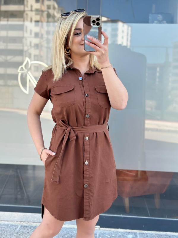 Cepli Kuşaklı Gabardin ELbise ACI KAHVE-23YELB000041