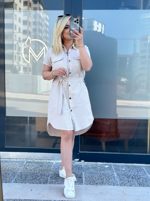 Cepli Kuşaklı Gabardin ELbise BEJ-23YELB000041