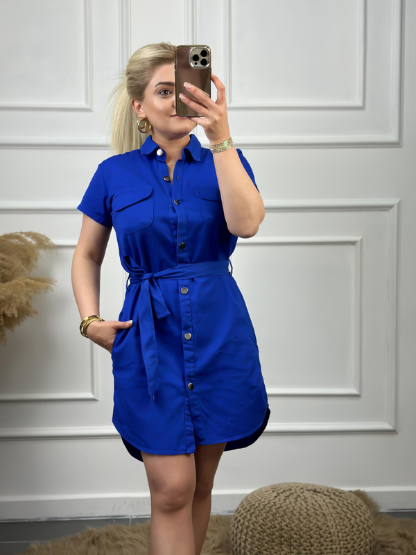Cepli Kuşaklı Gabardin ELbise MAVİ-23YELB000041