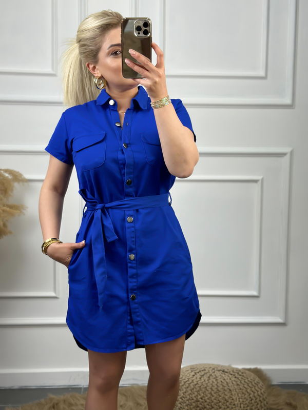 Cepli Kuşaklı Gabardin ELbise MAVİ-23YELB000041